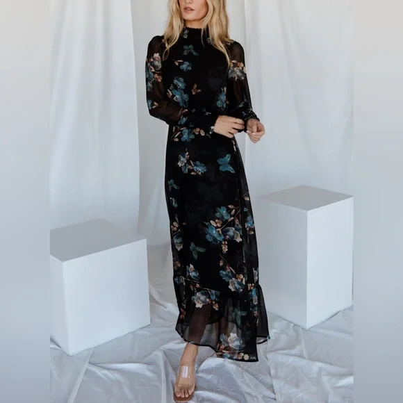 Baltic Born Luciana Floral High Neck Long Sleeve Maxi Dress Black Blue Sz Large - Picture 7 of 15